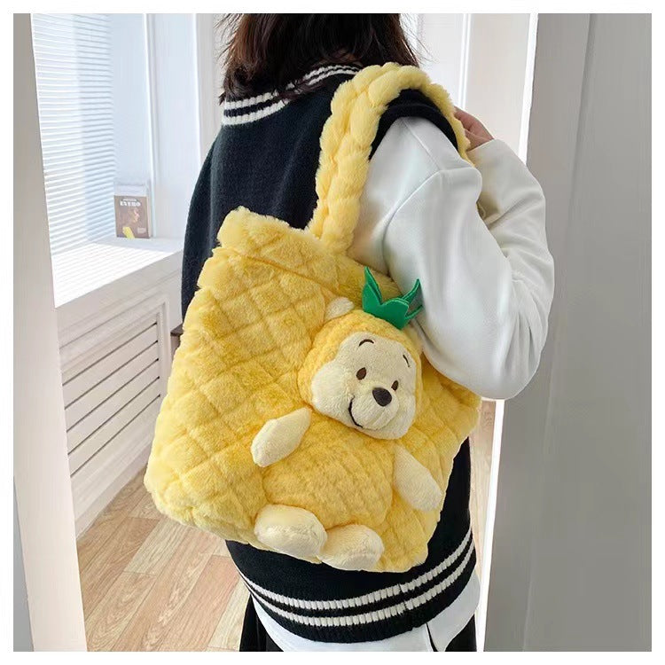 Disney 2025 New Cartoon Plush Doll Shoulder Bag Sweet and Cute Stitch Strawberry Bear Soft Cute Girls Handbag