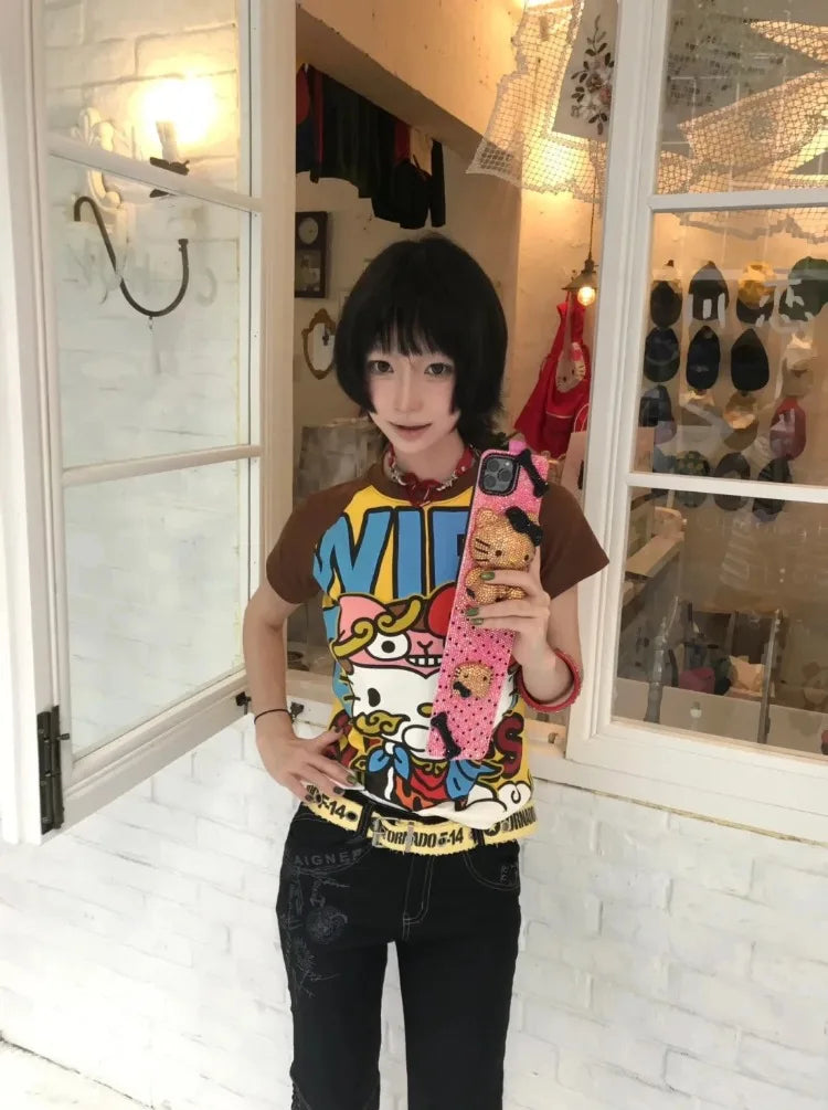 Y2K Sanrio Hello Kitty New Anime Fashion Short Tops Summer Cute Tees Cartoon Printed High Street Gothic Short Hottie T-shirts