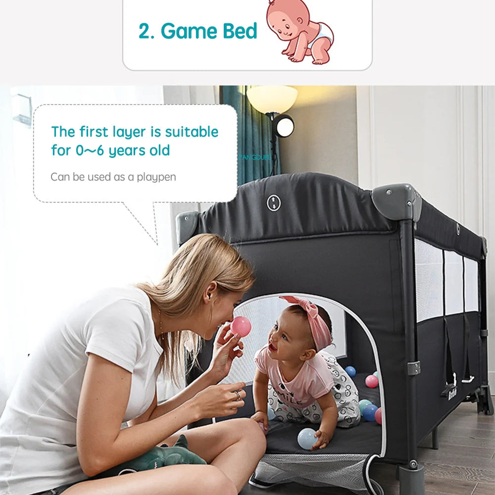 PANGDUBE 4-in-1 Baby Crib Multifunctional Convertible Bed with Rocker & Baby Playpen Newborn Changing Table Foldable Travel Cot