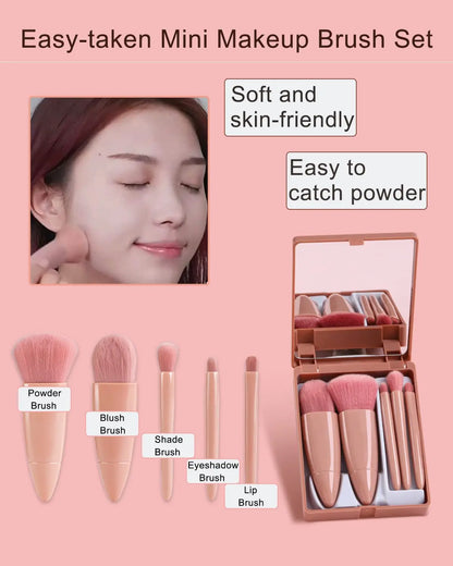 5pcs Mini Makeup Brush Set with Mirror - Multifunctional Travel Cosmetic Brushes, Unscented, Palm Brush Design Makeup Tools