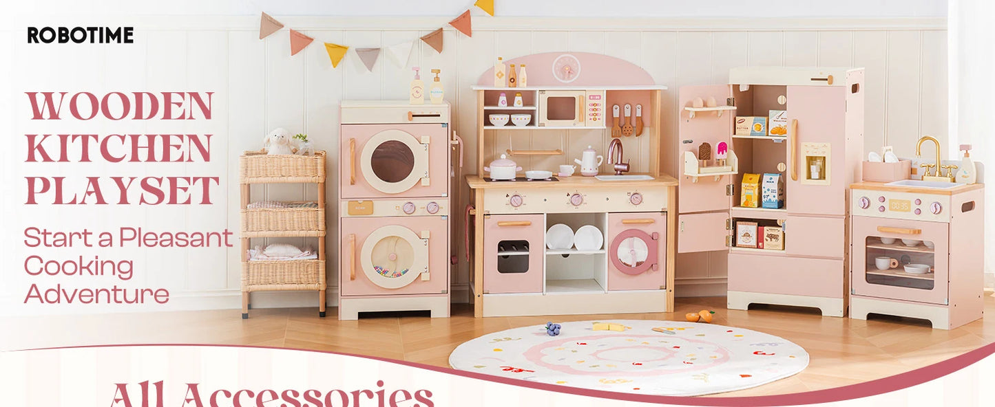Robotime Robud Kids Corner Kitchen Playset Wooden Play Kitchen Set with Realistic Sound Pretend Play Gift for Boys Girls Pink
