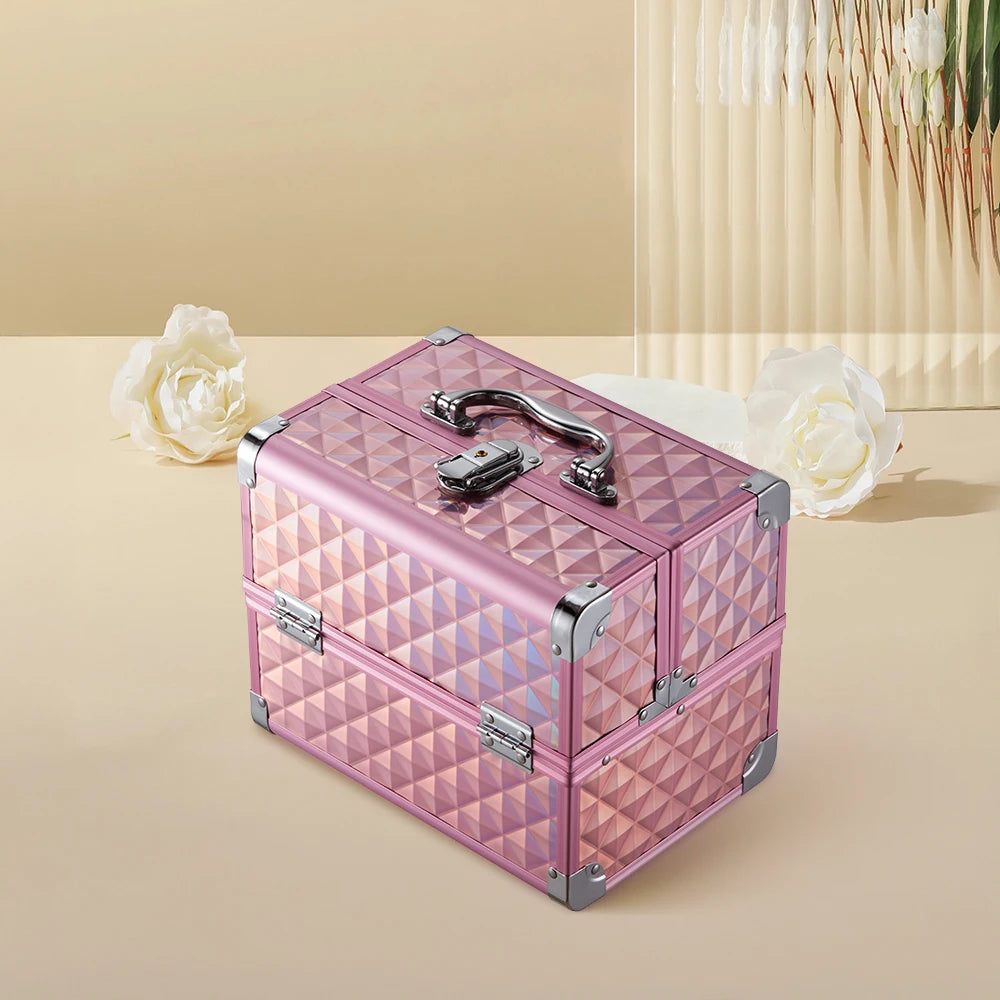 Modishion Professional Makeup Case Portable Makeup Case 2 Trays with Mirror Makeup Tool Storage Box Travel Makeup Case