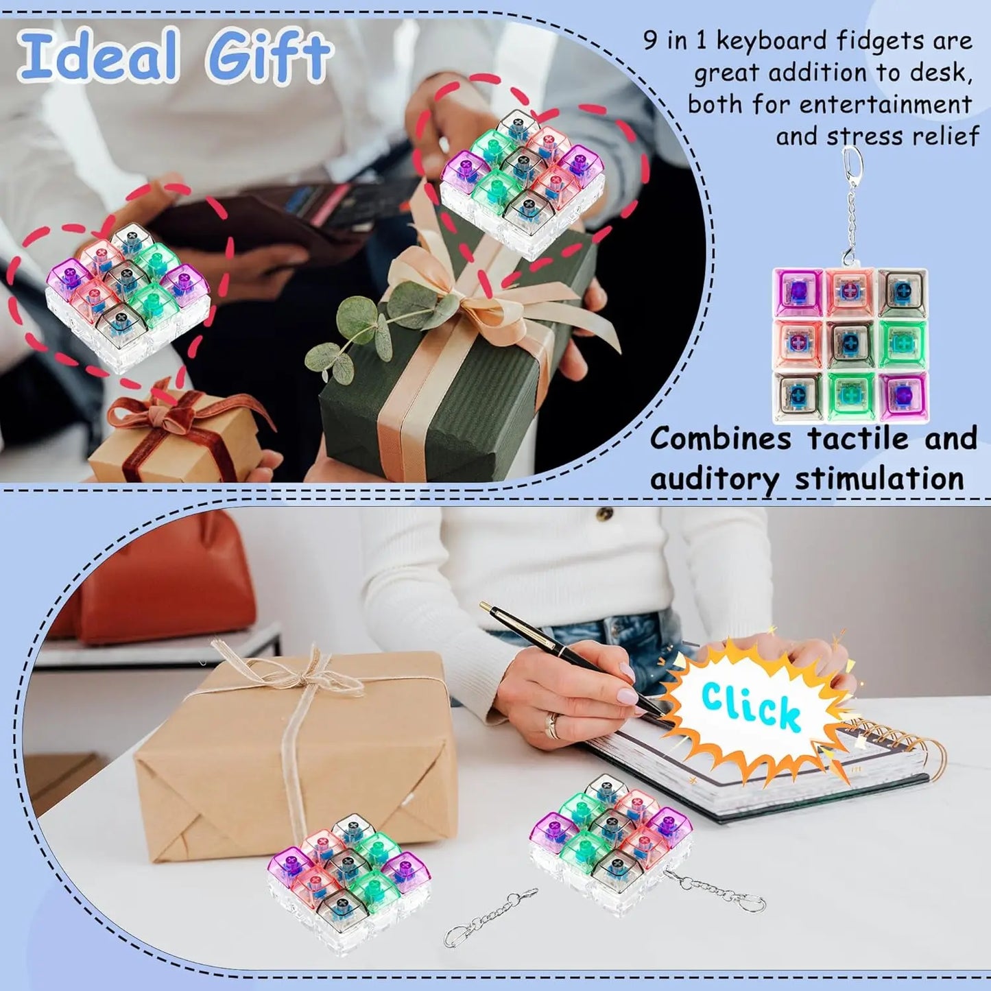 9-in-1 Keyboard Keychain Fidget Toy Decompression Button Finger Clicker Toys Stress Relief Keyboard Fidget Sensory Toys for kids