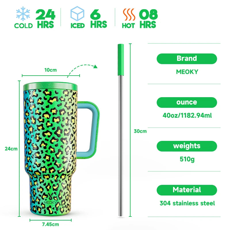 Meoky 40oz Cup Tumbler with Handle Straw Stainless Steel Multi-Prints Coffee Cup Travel Water Bottle Leak-Proof Car Mug Gifts