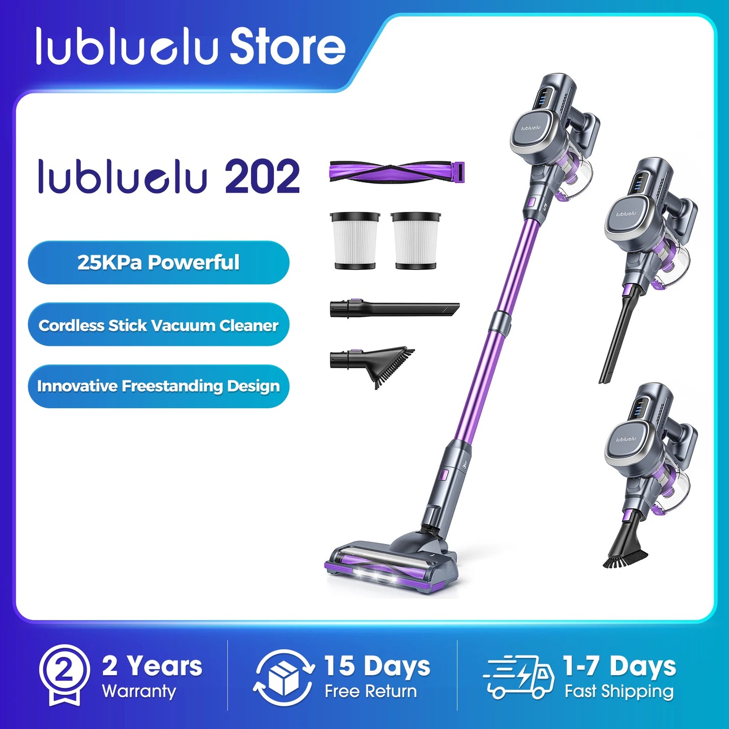 Lubluelu 202 Cordless Stick Vacuum Cleaner, Lightweight, 6-in-1, 25KPa Powerful No Cord, for Carpet, Floor, Pet Hair