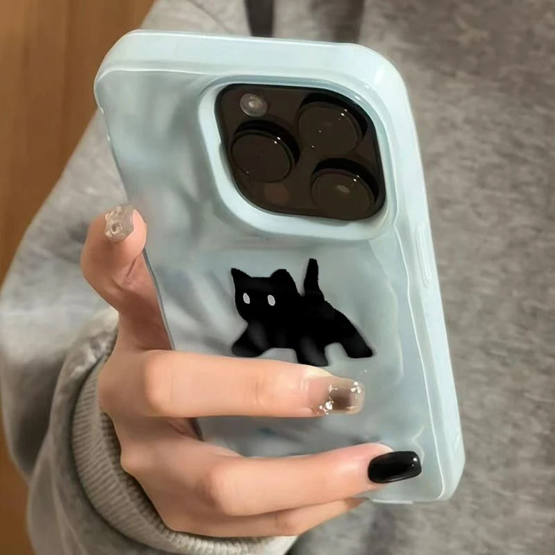 Cute Black Fuzzy Cat Shockproof Phone Case For iPhone 17Air 16 15 14 12 13 11 Pro Max Candy Color Wave Pattern Protective Cover