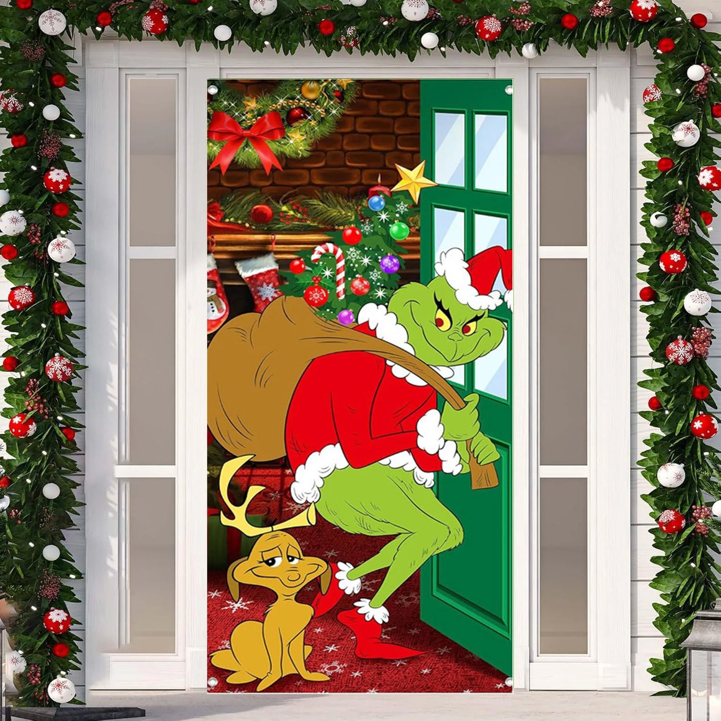 Christmas door banner, Christmas door hanging, Christmas decoration outdoor, Christmas background door hanging (green Grinch)