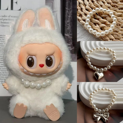 17cm Labubu Macaron Sitting Party Ornament DIY Cute Cartoon Plush Pendant Pearl Necklace Chain Alloy Accessory
