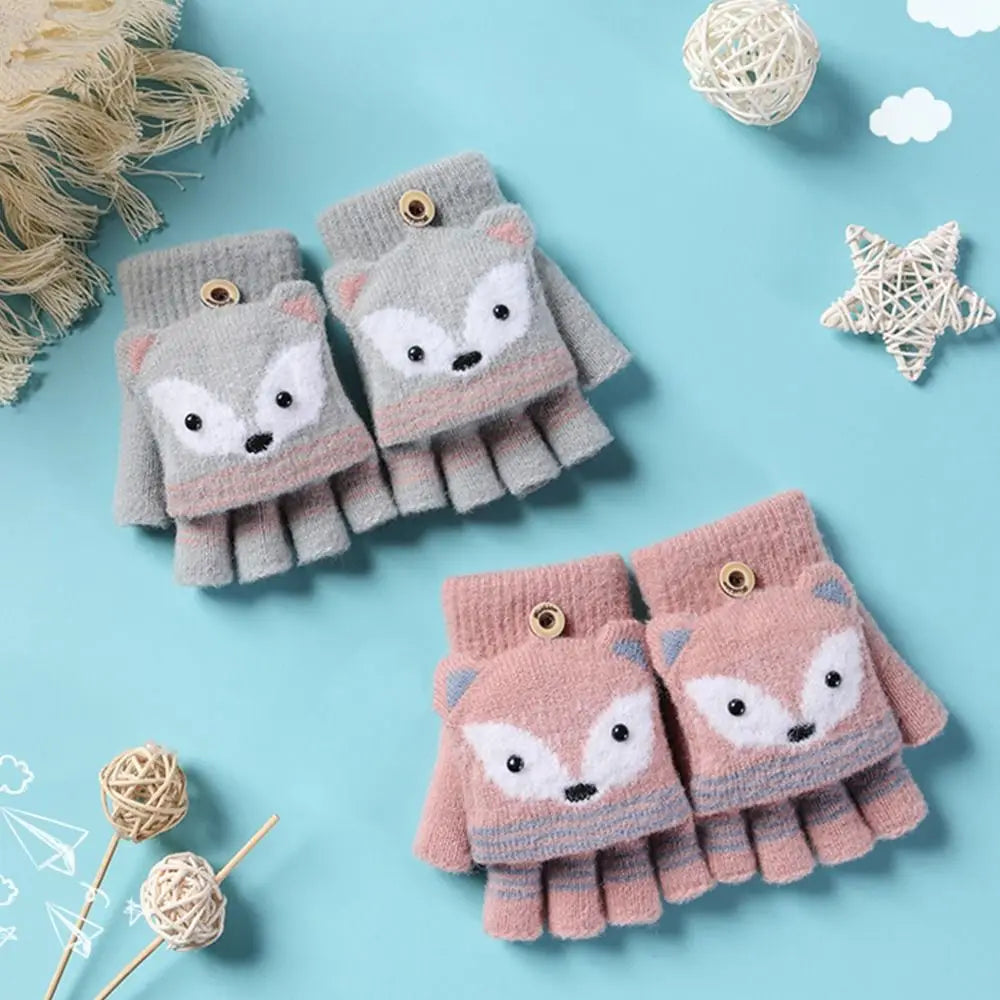 Flip Fingerless Gloves Autumn Winter Children Knitted Gloves Cute Cartoon Fox Warm Half-Finger Gloves