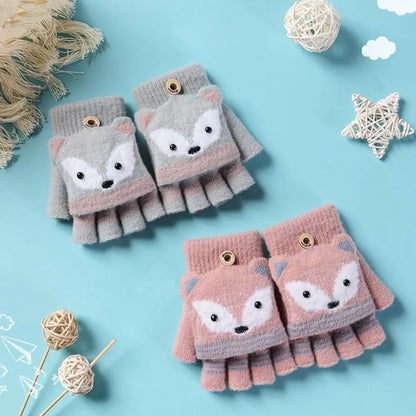 Flip Fingerless Gloves Autumn Winter Children Knitted Gloves Cute Cartoon Fox Warm Half-Finger Gloves