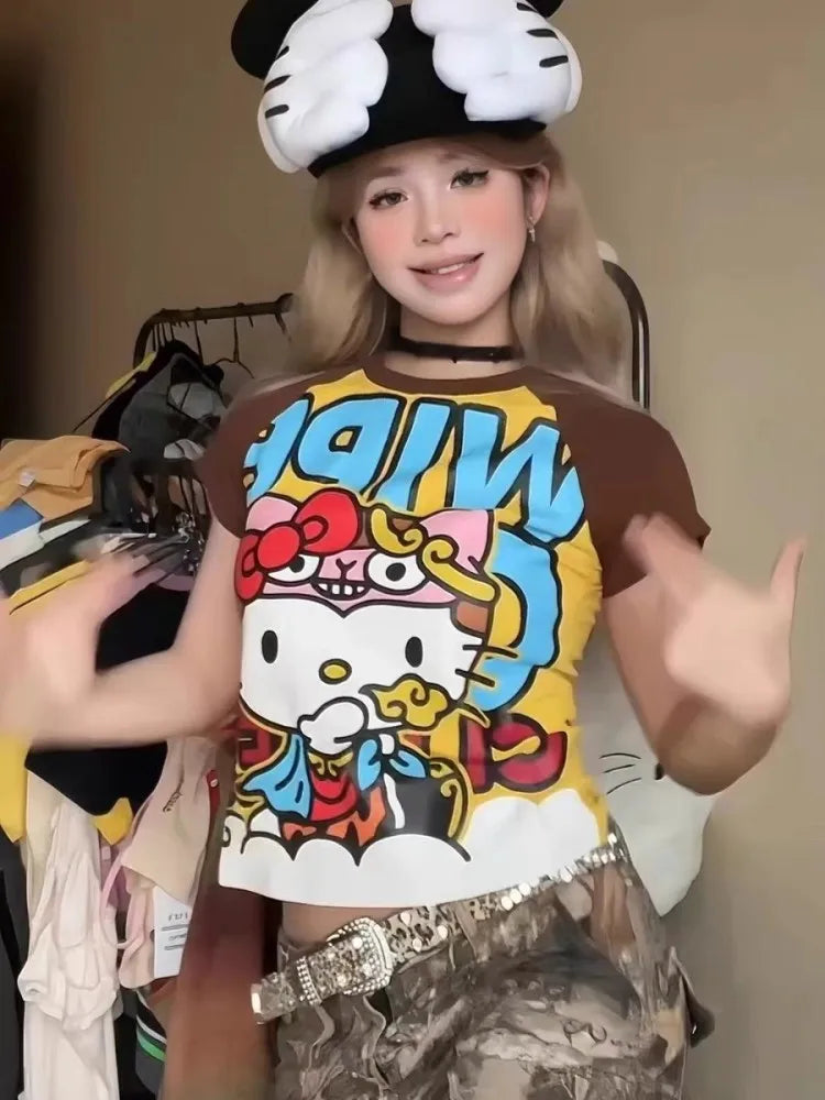 Y2K Sanrio Hello Kitty New Anime Fashion Short Tops Summer Cute Tees Cartoon Printed High Street Gothic Short Hottie T-shirts
