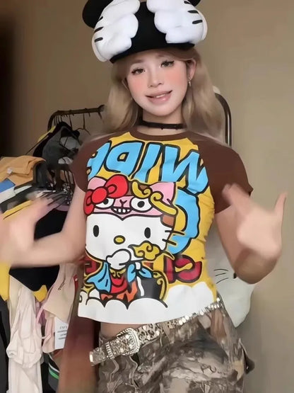 Y2K Sanrio Hello Kitty New Anime Fashion Short Tops Summer Cute Tees Cartoon Printed High Street Gothic Short Hottie T-shirts