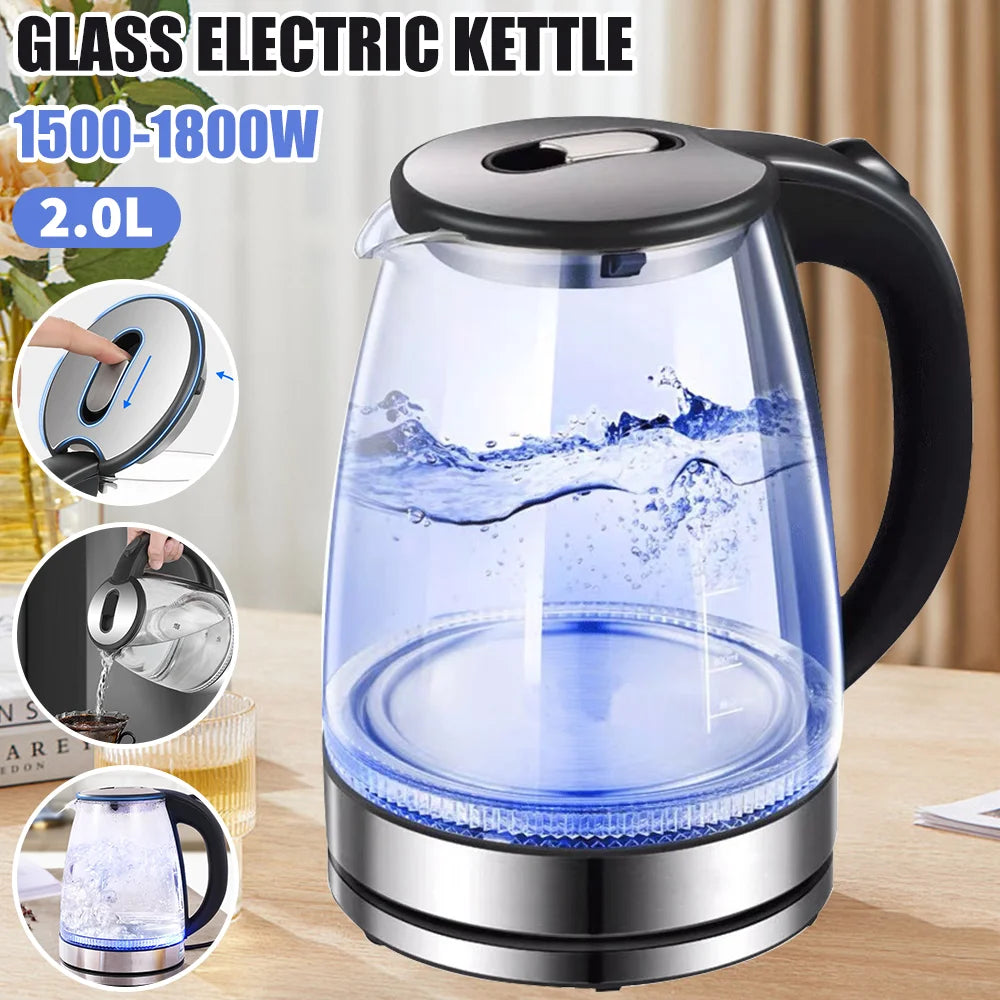 2L 1800W Electric Kettle Glass Fast Boil  Blue LED household appliance With Stainless Steel Fast Boiling Portable Jug Security