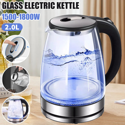 2L 1800W Electric Kettle Glass Fast Boil  Blue LED household appliance With Stainless Steel Fast Boiling Portable Jug Security