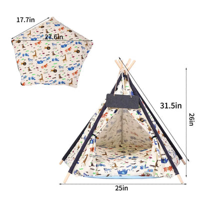 BingoPaw-Foldable Pet Tent with Cushion Pad, Cute Dog Bed House, Washable Cat Teepee, Playhouse Tents
