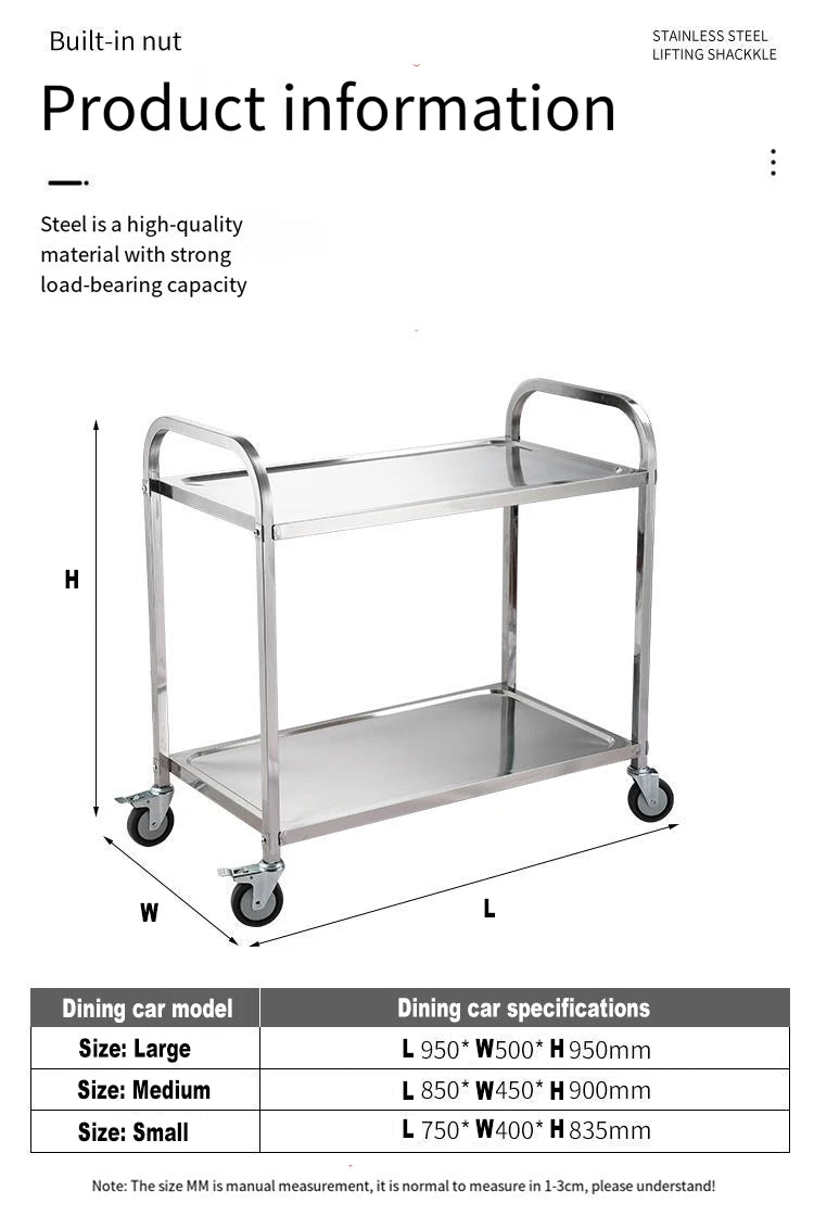 Stainless Steel Cart with Thickened Three Layers- Kitchen Utility Cart for Serving  Collecting Dishes Multi-functional Trolley
