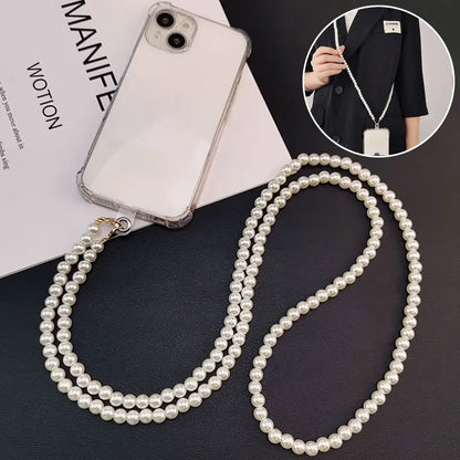 Long Mobile Phone Lanyard Pearl Crossbody Necklace Chain Strap Hand-beaded Universal Buckle Clip for iphone Samsung Phone Case