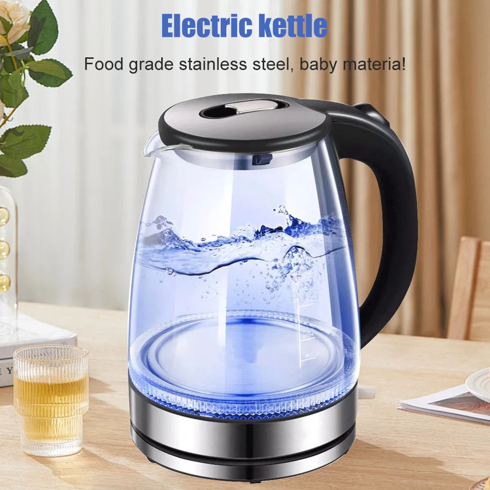 2L 1800W Electric Kettle Glass Fast Boil  Blue LED household appliance With Stainless Steel Fast Boiling Portable Jug Security