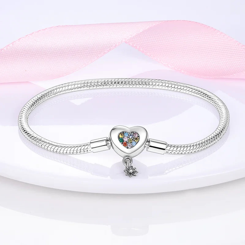 925 Sterling Silver Charm Bracelet - Leaf, Clover, Butterfly & Heart Design | 17-20cm Adjustable