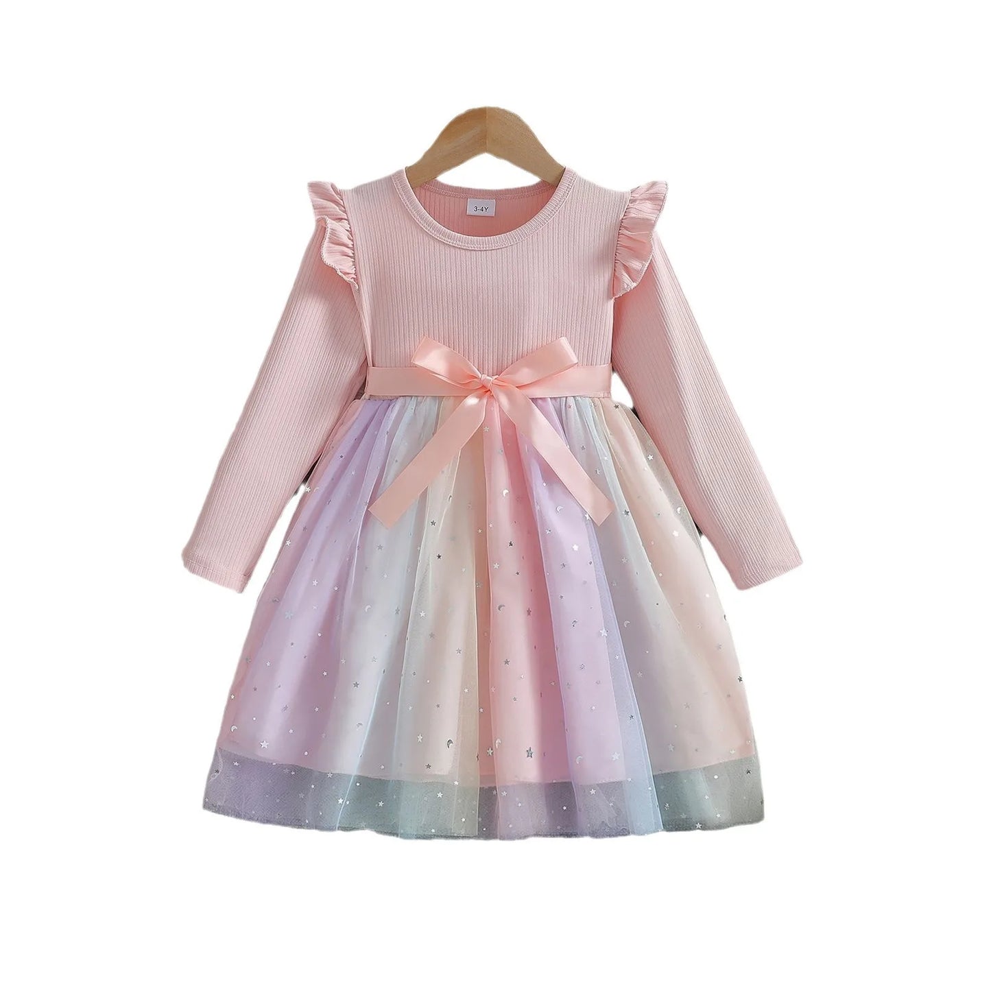 Girls Dress Blue Autumn Princess Dress Kids Clothes Birthday Party Dress Pink Long-sleeved for Children Fashion Rainbow 1-6Y