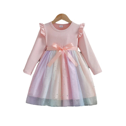 Girls Dress Blue Autumn Princess Dress Kids Clothes Birthday Party Dress Pink Long-sleeved for Children Fashion Rainbow 1-6Y
