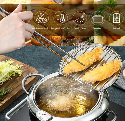 Japanese Deep Fryer With Thermometer and Lid 304 Stainless Steel Kitchen Tempura Fryer Pan Fryer Without Oil Frying Pan Fryer