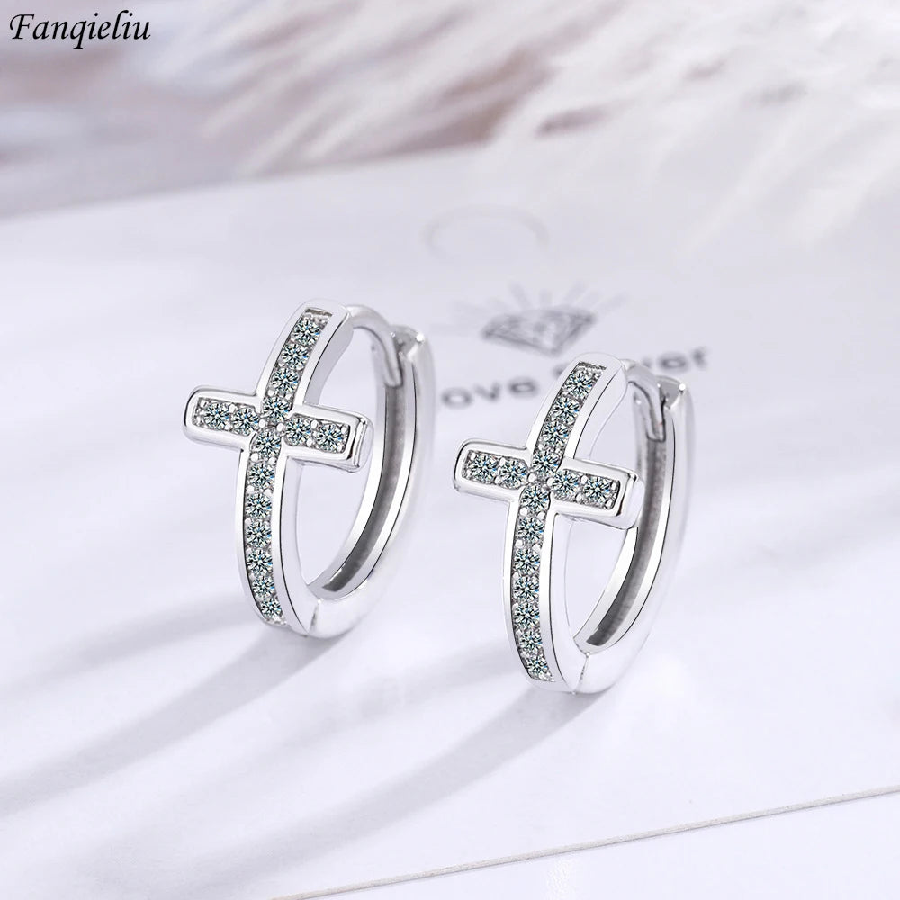 Fanqieliu Stamp 925 Silver Needle CZ Zircon Cross Hoop Earrings For Woman New Jewelry Girl Gift Trendy FQL21473
