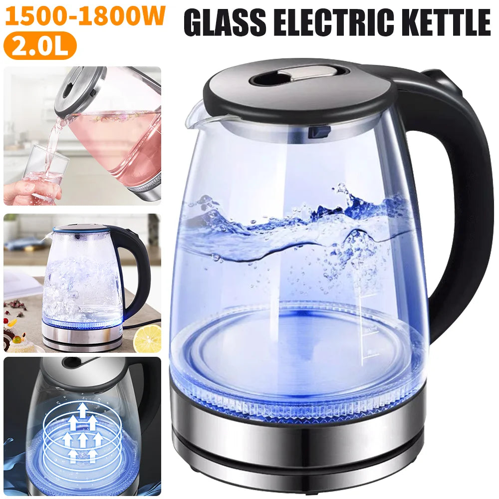 2L 1800W Electric Kettle Glass Fast Boil  Blue LED household appliance With Stainless Steel Fast Boiling Portable Jug Security