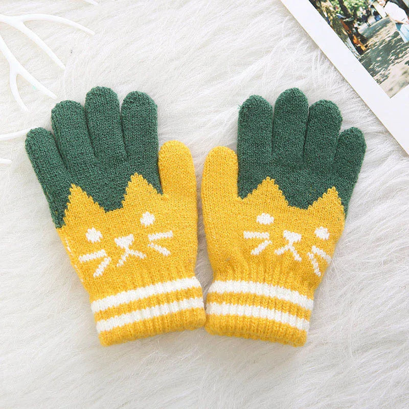 Cute Cartoon Kids Knitted Gloves Thick Fleece Children Five Finger Mittens 4-10Year Boys Girls Winter Hand Warmer Fashion Gloves