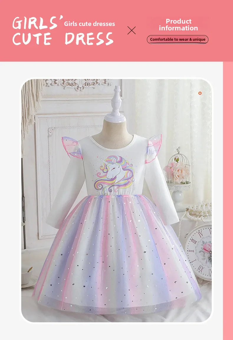 2024 Girls Long Sleeve Unicorn Birthday Dress Casual Children's Wear Rainbow Princess Skirt Sequins Mesh Gown