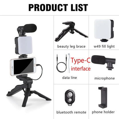 Phone Vlogging Starter Kit: Tripod, Holder, Mini Microphone, LED Light for TikTok Live & YouTube
