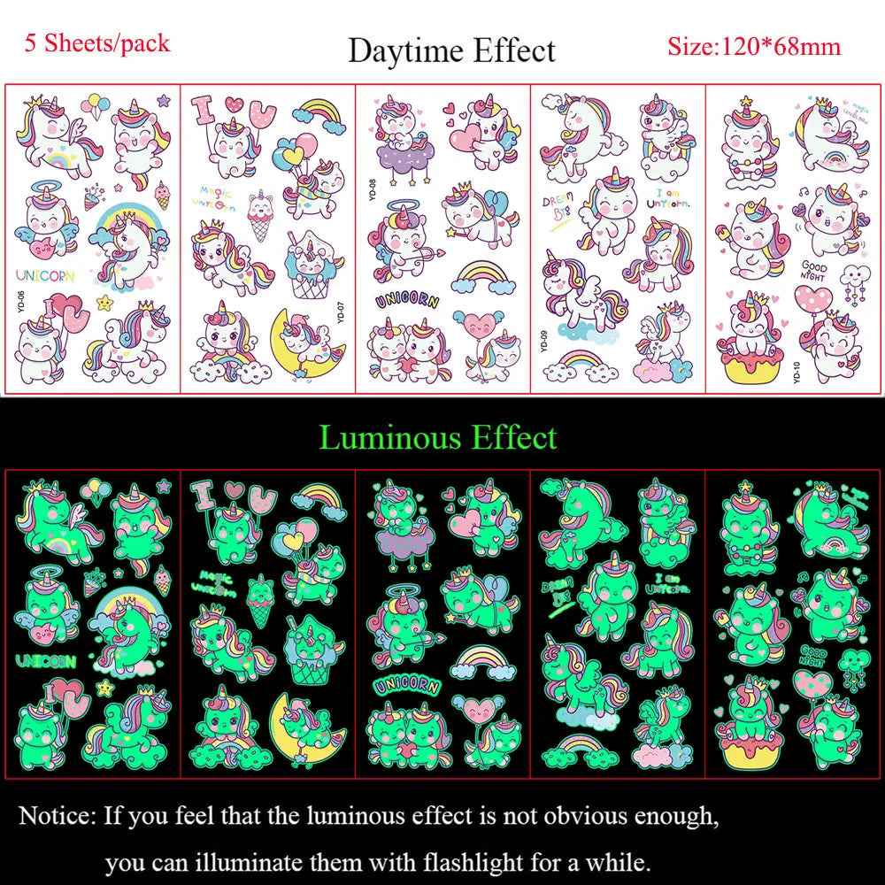 5 Sheets Luminous Tattoo Stickers Colorful Animal Mermaid Dinosaur Temporary Tattoos for Hand  Body Fake Tattoo Waterproof