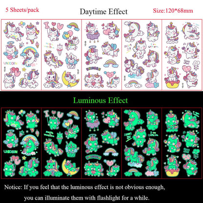 5 Sheets Luminous Tattoo Stickers Colorful Animal Mermaid Dinosaur Temporary Tattoos for Hand  Body Fake Tattoo Waterproof