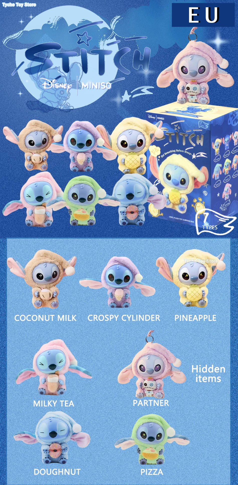 Heißes Spielzeug! Kawaii Stitch Blindbox-Tasche „Eat Some Thing Before Sleep“-Serie Vinyl-Anhänger, süße Puppe, Überraschungsbox, flauschige Puppe für Erwachsene