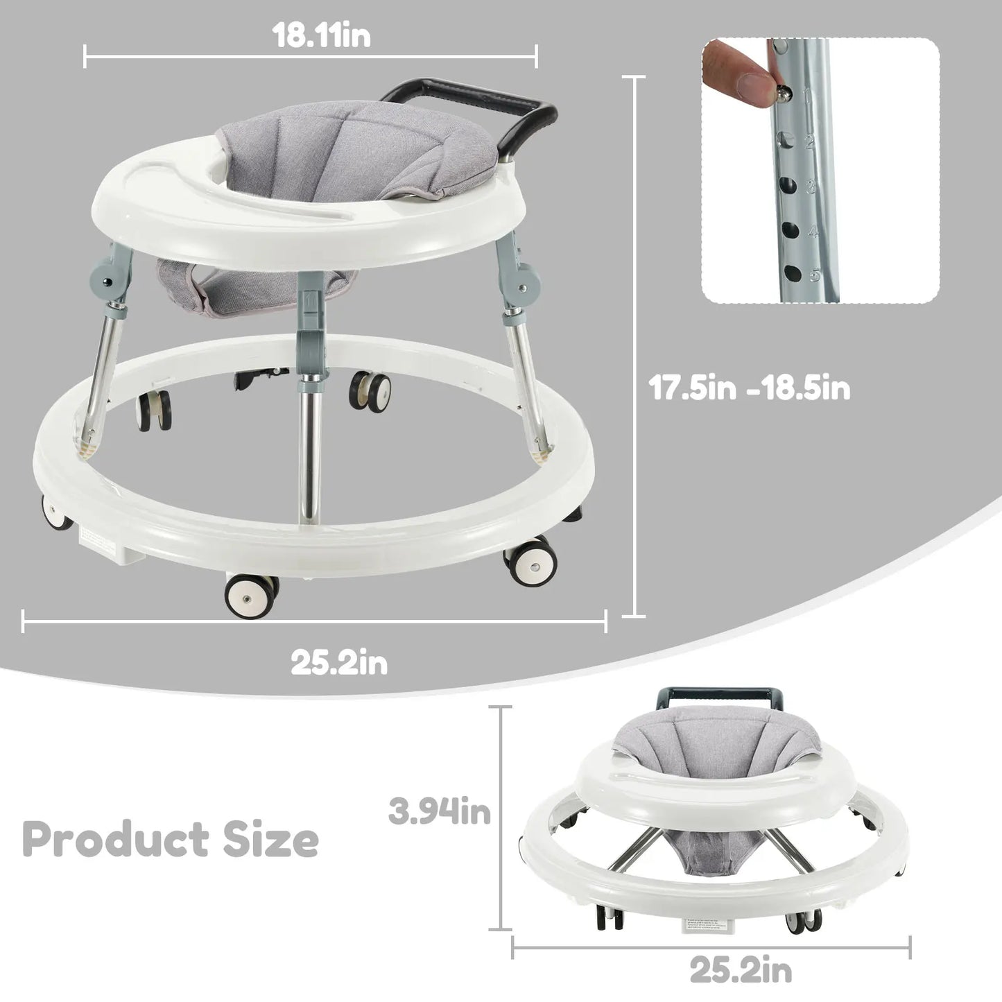 Baby Walker Foldable with 5 Adjustable Heights, Baby Walkers and Activity Center for Boys Girls Babies 7-18 Months, Baby Walker