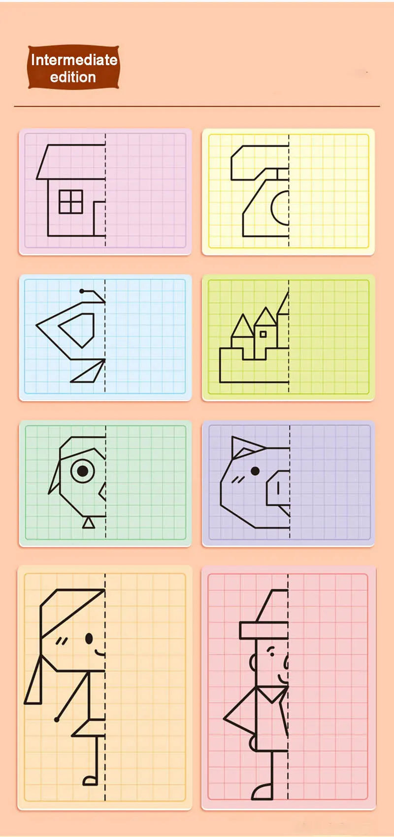 30 page children's grid symmetrical drawing toy focuses on fine motor skills writing and 4-color brush control training drawing