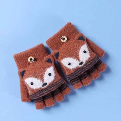 Flip Fingerless Gloves Autumn Winter Children Knitted Gloves Cute Cartoon Fox Warm Half-Finger Gloves