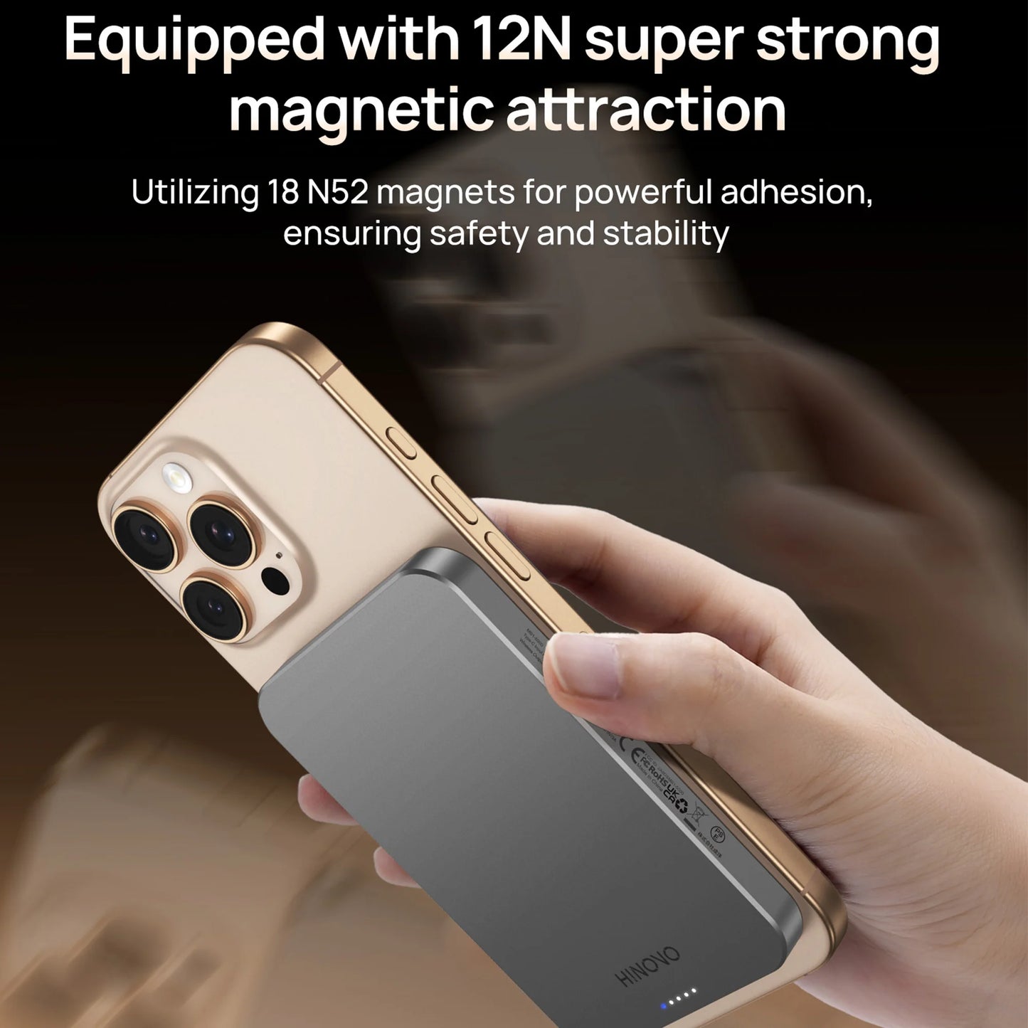 HINOVO Tragbares Ladegerät 5000mAh Magnetische Powerbank für iPhone 16 15 14 13 12 Akkupack 0,35" PD 20W 15W Kabelloses Laden