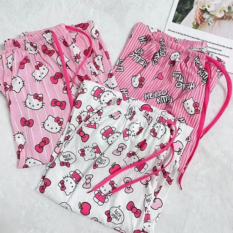 Hello Kitty Summer Pajama Pants Anime Cartoon Sanrio Home Pants Couple Home Sleepwear Student Trousers Leisure Home Loungewear