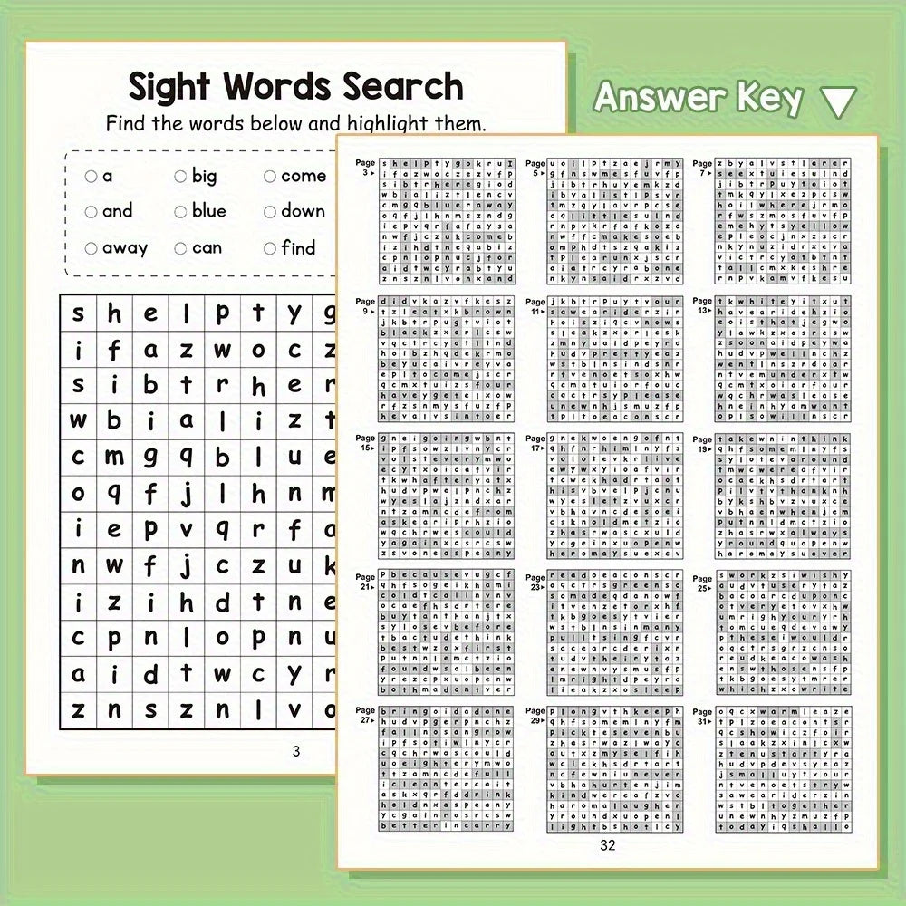 220 Sight Words Learning Workbook with Answer Key Educational Handwriting Sight Words Search Games for Age 3+ School Supplies