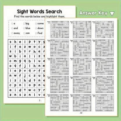 220 Sight Words Learning Workbook with Answer Key Educational Handwriting Sight Words Search Games for Age 3+ School Supplies