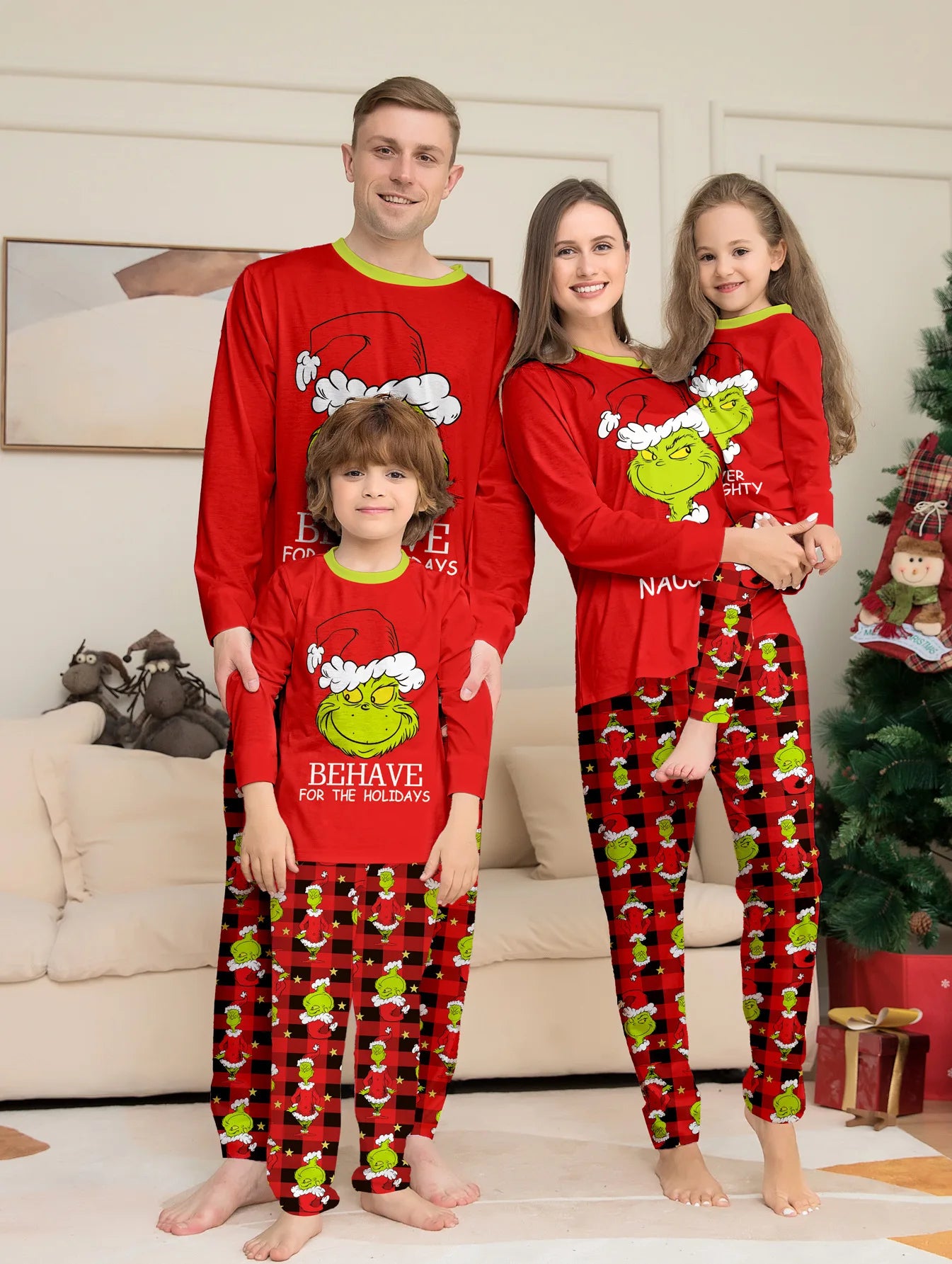 Christmas Family Matching Pajamas Set Little Monster Print Parent-child Outfits  Top+Stripe Pants Xmas Sleepwear Baby Jumpsuit