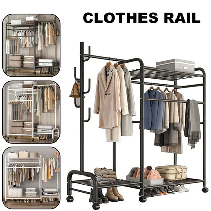 Coat Rack Movable Double Tier - Floor Standing Clothes Rail with Wheels for Bedroom Storage