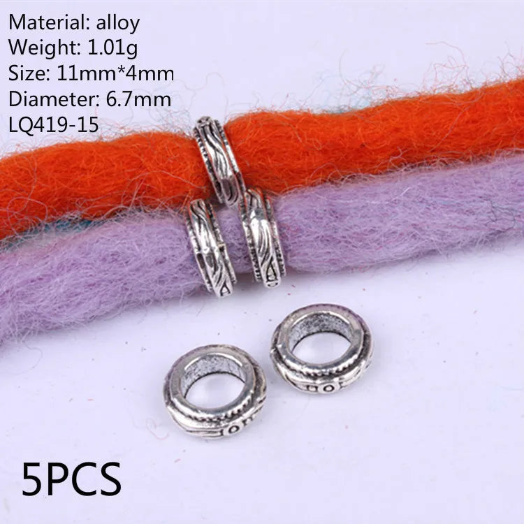 5 Pcs Antique Silver Hair Braid Dread Dreadlock Beads Cuffs Tuber Approx 8mm Inner Hole for Hair Styling Accessories Tool