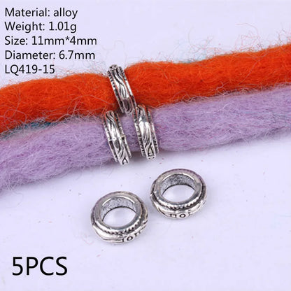 5 Pcs Antique Silver Hair Braid Dread Dreadlock Beads Cuffs Tuber Approx 8mm Inner Hole for Hair Styling Accessories Tool