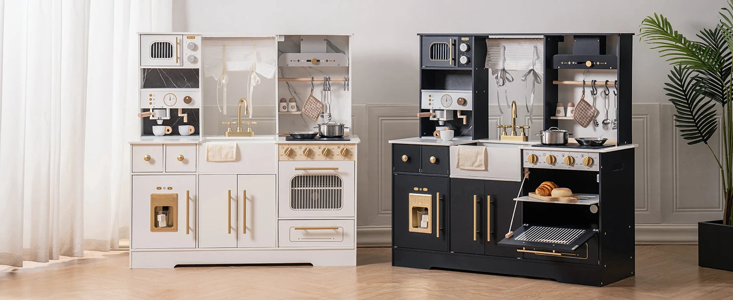 ROBOTIME Wooden Play Kitchen Toy Kitchen Set with Ice Maker and Coffee Machine Realistic Kitchen Set Gift for Toddlers