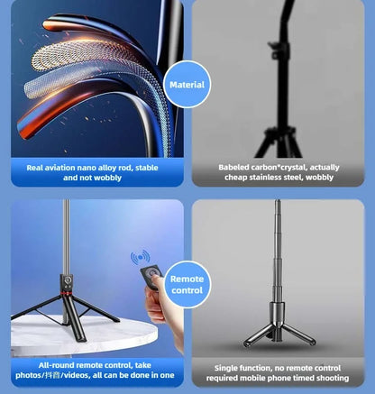 1.8M Long Extended Bluetooth Wireless Selfie Stick Live Broacast Stand Holder Tripod Foldable With Fill Light For Smartphones