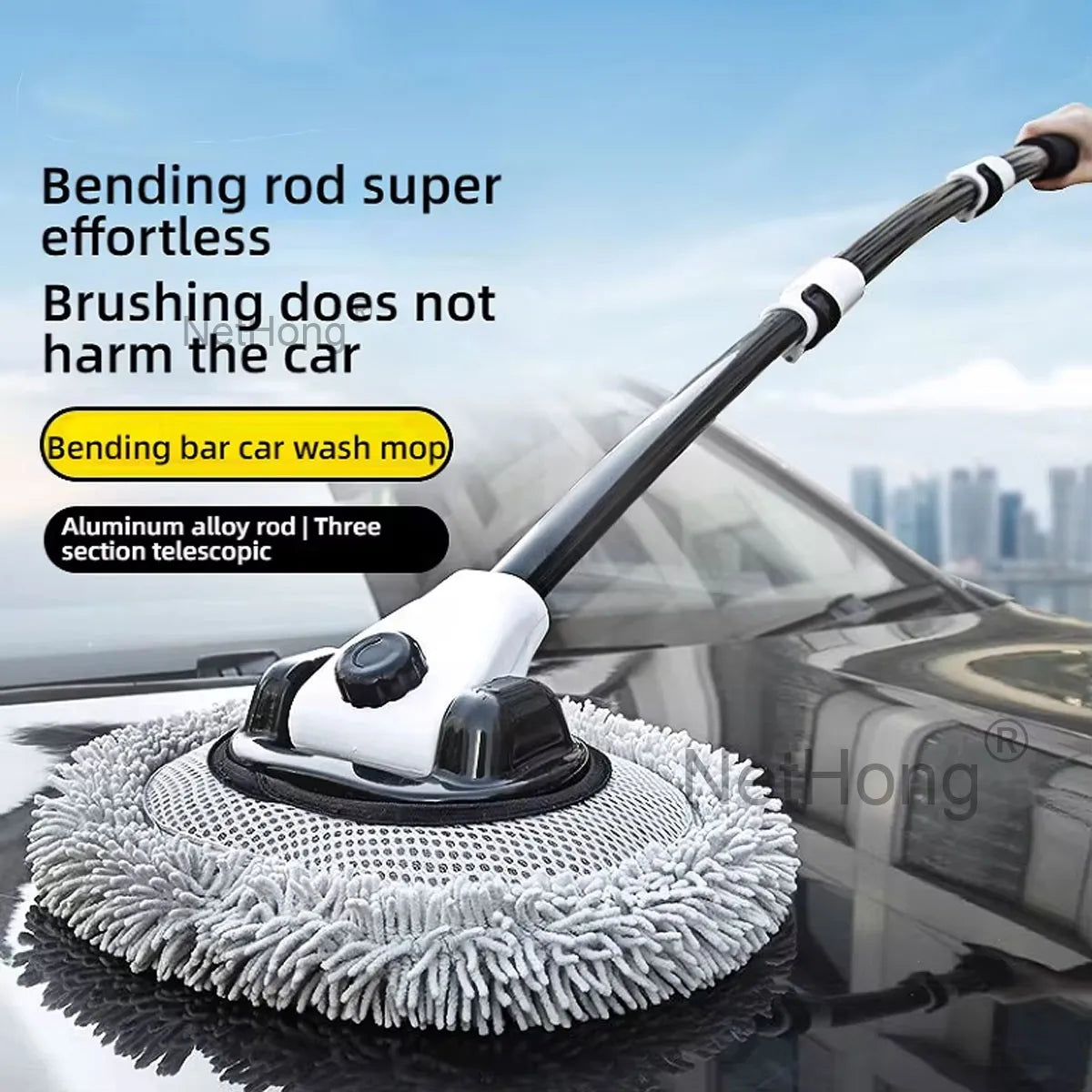 Adjustable Telescopic Car Wash Brush Kit Mop Long Handle Cleaning Tool 15°bend`