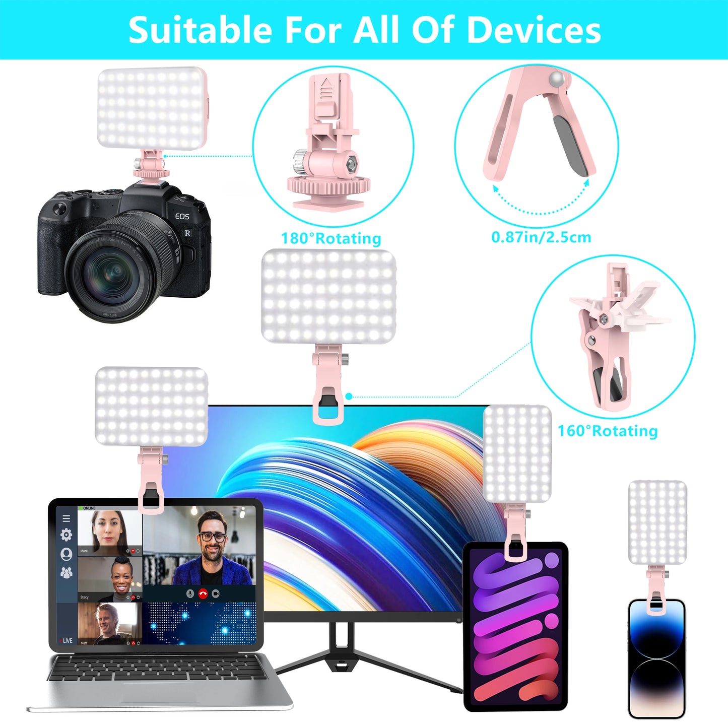 LED Selfie Light 60 High Power Rechargeable Clip Fill Video Light  for Phone iPad with Front & Back Clip Adjusted 3 Light Modes