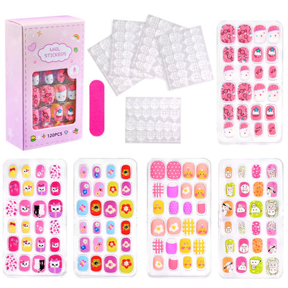 120Pcs Children's Press on Nails Kids Cartoon Acrylic Fake Nails Tips Kawaii Girl Full Cover Short False Nails With Jelly Glue#@